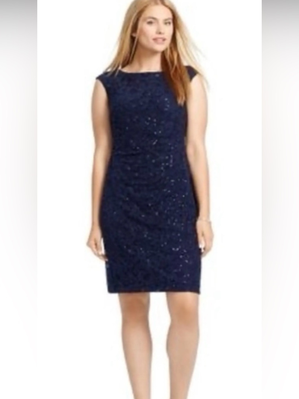 Ralph Lauren Navy Blue Sequin Sheath Floral Overlay Boatneck Cap Sleeve Dress